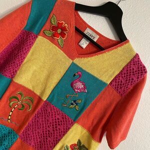 New Vintage M Colorful Patchwork Sweater Flamingo Bright Embellished Boho b2-13